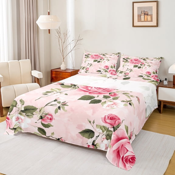 Manfei Romantic Flower Rose Full Size Sheets,Natural Botanical Theme Bed Sheets,Pink Green Sheet Sets For Children,Microfiber Bedroom Decor,4 Pieces