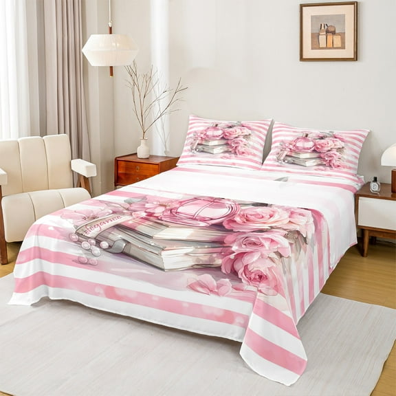 Manfei Romantic Flower Rose Twin Sheet Sets,Chic Women Perfume Twin Fitted Sheet,Pink White Stripes Line Flat Sheet For Girl,Luxury Bedroom Decor,3pcs