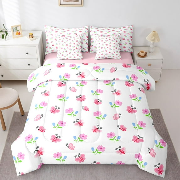Manfei Romantic Flower Saisy Twin Bedding Sets 7-Piece,Cute Cartoon Bee Bedding Comforter Set,Pink Green White Sheet Sets For Children,Microfiber Bedroom Decor Reversible