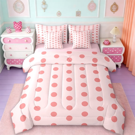 Manfei Romantic French Dots 7pcs Bedding Comforter Set,Geometric Circles Queen Bedding Sets,Pink Queen Sheet Sets,Microfiber Bedroom Decor Reversible