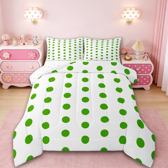 Manfei Romantic French Dots Full Size Comforter Sets,Geometric Circles Bedding Comforter Set,White Green Bedding Sets,Microfiber Bedroom Decor Reversible,3pcs