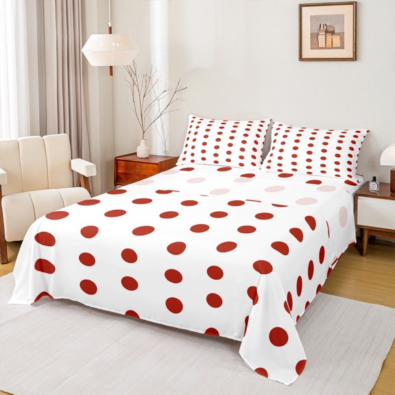 Manfei Romantic French Dots Full Size Sheets,Geometric Circles Bed Sheets,Red White Sheet Sets,Microfiber Bedroom Decor,4 Pieces