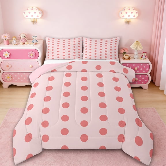 Manfei Romantic French Dots Queen Comforter Set,Geometric Circles Bedding Sets,Pink Bedding Comforter Set,Microfiber Bedroom Decor Reversible,3pcs