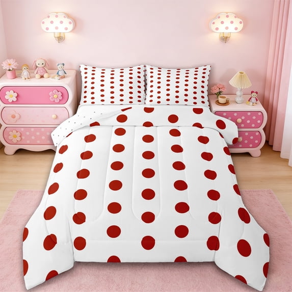 Manfei Romantic French Dots Queen Comforter Set,Geometric Circles Bedding Sets,Red White Bedding Comforter Set,Microfiber Bedroom Decor Reversible,3pcs