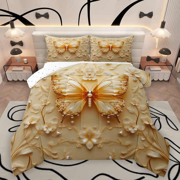 Homewish Romantic Gold Butterfly Bedding Comforter Set for Adult, Stereoscopic Floral Twin Comforter Sets, Modern Fashion Style Reversible Bedding Set, Breathable Home Decor, 2pcs