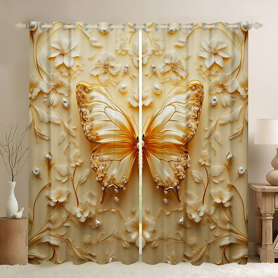 Homewish Romantic Gold Butterfly Black Out Curtains for Adult, Stereoscopic Floral Curtains Pack of 2 (42x63 Each), Modern Fashion Style Bedroom Curtains, Black Out Curtains Decor