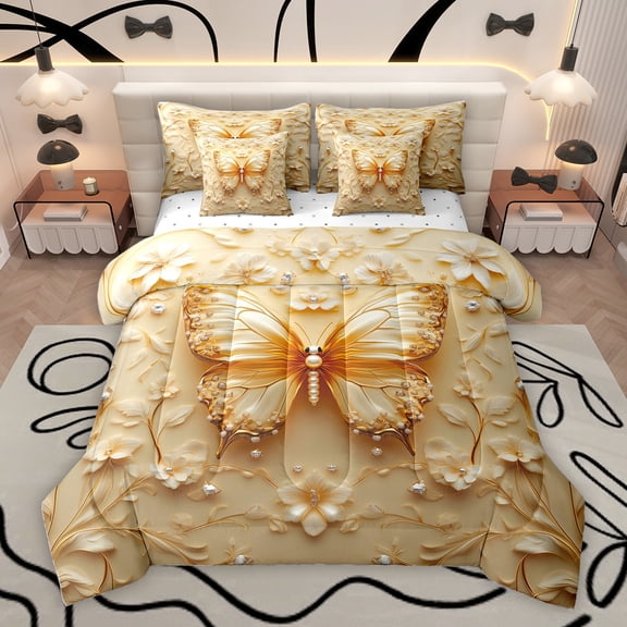 Homewish Romantic Gold Butterfly Twin Bedding Sets 7-Piece for Adult, Stereoscopic Floral Bedding Comforter Set, Modern Fashion Style Reversible Sheet Sets, Breathable Home Decor