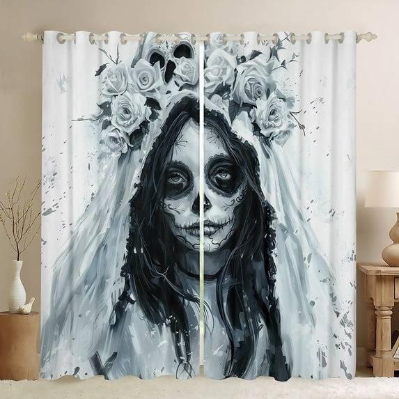 Manfei Romantic Gothic Wedding Curtains Pack of 2 (42x84 Each), Skull Bride Curtains Blackout, Valentines Rose Flower Floral Bedroom Curtains, Window Curtains Room Decor