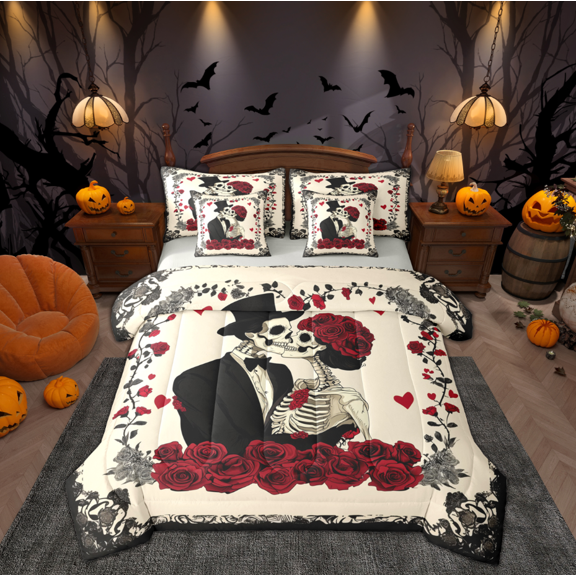 Manfei Romantic Gothic Wedding Twin Bedding Sets 7-Piece, Couple Skull Bedding Comforter Set, Valentines Rose Flower Floral Reversible Sheet Sets, Super Cozy Room Decor