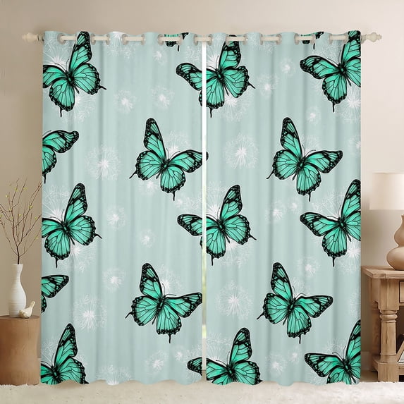 Manfei Romantic Green Butterfly Curtains Pack of 2 (42x84 Each), Retro Flower Floral Curtains Blackout, Teen Kid Child Adult Bedroom Curtains, Curtains Blackout Bedroom Decor