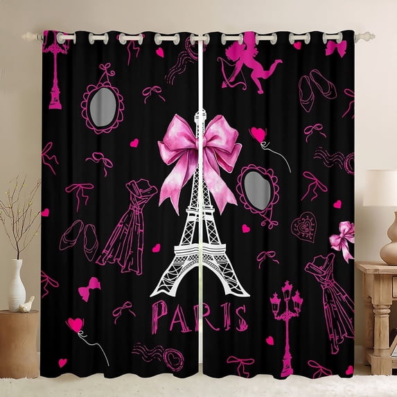 Feelyou Romantic Love Blackout Curtains Set of 2 (52x84 Each), Paris Eiffel Tower Window Curtains, Pink Fashion Bowknot Curtains and Drapes, Window Curtains Room Decor