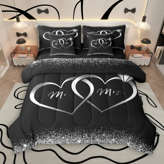 Manfei Romantic Love Heart 7-Piece Twin Bedding Sets, You and Me Bedding Comforter Set, Glitter Sequin Print Reversible Sheet Sets, Black White Luxury Bedroom Decor