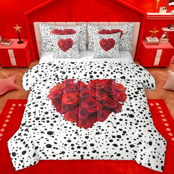 Manfei Romantic Love Heart Bedding Comforter Set 7pcs, Red Rose Floral King Bedding Sets, Fashion Polkadots Abstract Reversible Bed Sheets, Microfiber Bedroom Decor