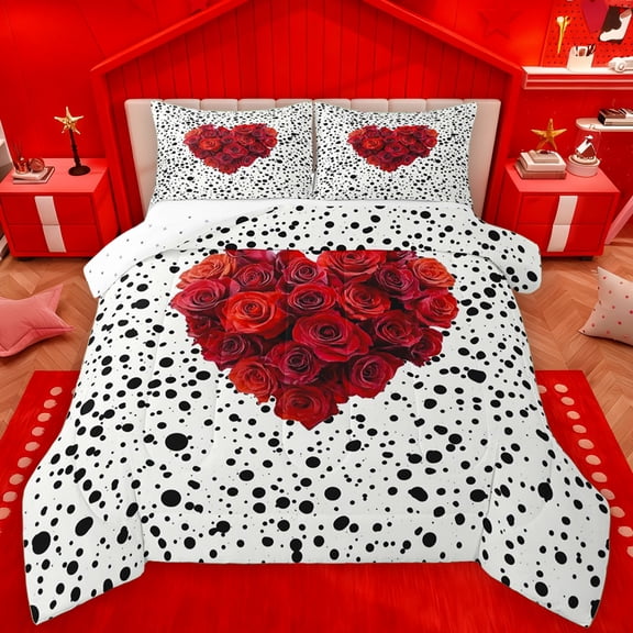 Manfei Romantic Love Heart Bedding Comforter Set, Red Rose Floral Twin Comforter Sets, Fashion Polkadots Abstract Reversible Bedding Set, Microfiber Bedroom Decor, 2-Piece