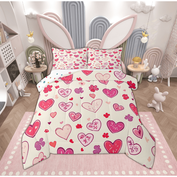 Manfei Romantic Love Heart Bedding Comforter Set, Rustic Kawaii Flower Floral Twin Comforter Sets, Cute Cartoon Reversible Bedding Set, Microfiber Bedroom Decor, 2pcs