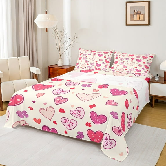 Manfei Romantic Love Heart Full Size Sheets, Rustic Kawaii Flower Floral Bed Sheets, Cute Cartoon Sheet Sets, Microfiber Bedroom Decor, 4pcs