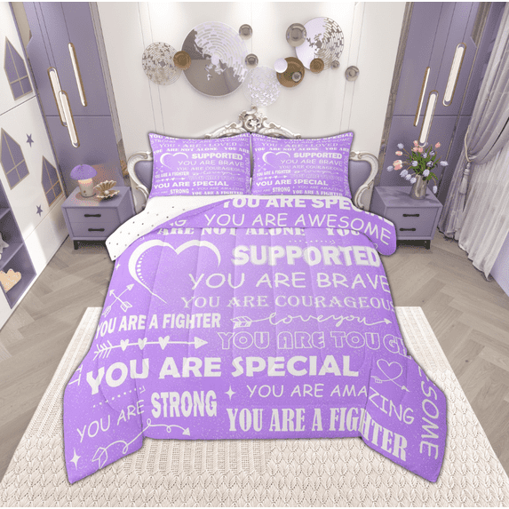 Manfei Romantic Love Heart Queen Comforter Set for Teens, Purple Anniversary Bedding Sets, Inspirational Quotes Reversible Bedding Comforter Set, Ultra Soft Home Decor, 3-Piece