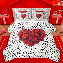 Manfei Romantic Love Heart Twin Bedding Sets 7-Piece, Red Rose Floral Bedding Comforter Set, Fashion Polkadots Abstract Reversible Sheet Sets, Microfiber Bedroom Decor