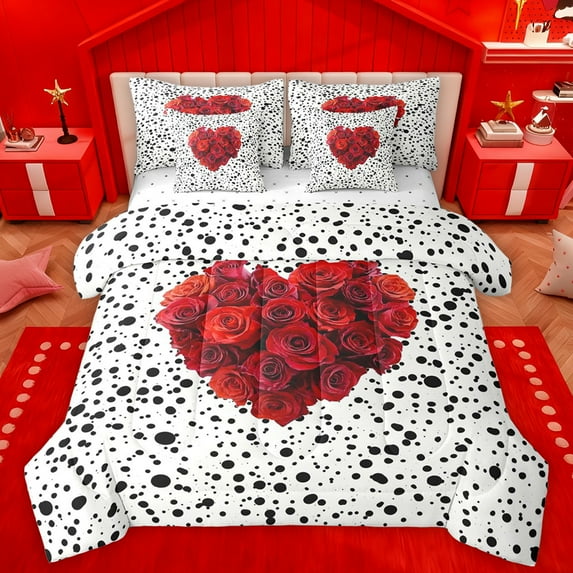 Manfei Romantic Love Heart Twin Bedding Sets 7-Piece, Red Rose Floral Bedding Comforter Set, Fashion Polkadots Abstract Reversible Sheet Sets, Microfiber Bedroom Decor
