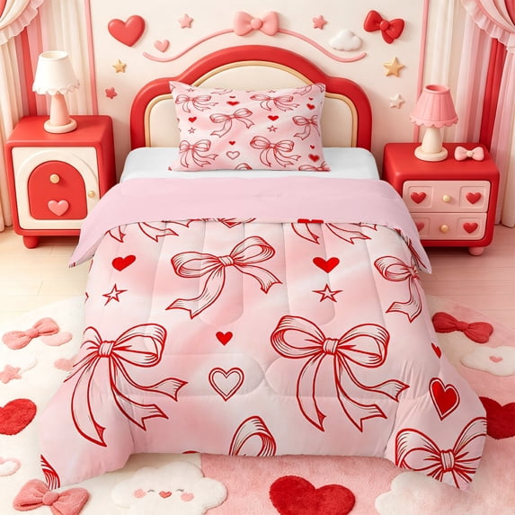 Manfei Romantic Loves Pattern Twin Comforter Sets,Cute Red Bow Bedding Set,Pink Reversible,2-Piece,1 Comforter and 1 Pillowcase