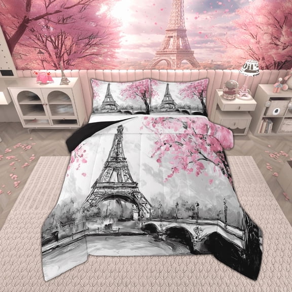 Feelyou Romantic Oil Printing Bedding Comforter Set, Eiffel Tower Twin Comforter Sets, Paris Anniversary Bedding Set, Lightweight Room Decorative, 2pcs