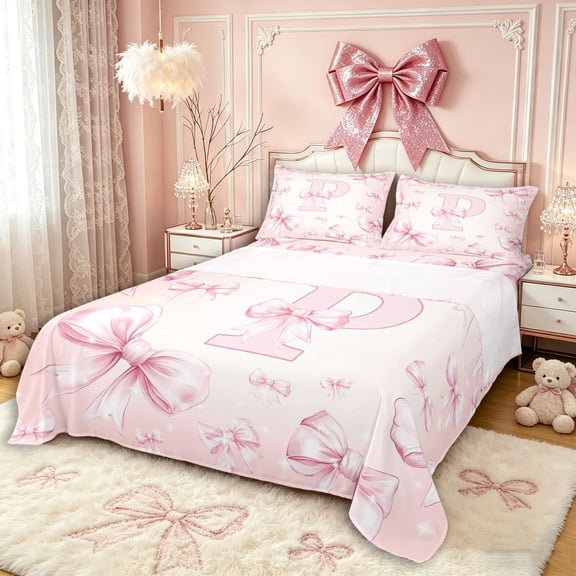 Manfei Romantic P Personalized Initial Bed Sheets 4pcs for Girls,Dreamy Cute Princess Bow King Sheets