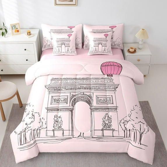 Manfei Romantic Paris City Bedding Queen Size,Sketch Style Comforter Sets with Sheets,Hot Air Balloon Bedding Sets Queen Size For Women,Ultra Soft Bedroom Decoration Reversible,7pcs