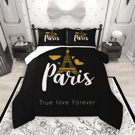 Manfei Romantic Paris Full Size Comforter Sets 3-Piece, Gold Love Hearts Bedding Comforter Set, Eiffel Tower Print Bedding Sets, Luxury Bedroom Decor