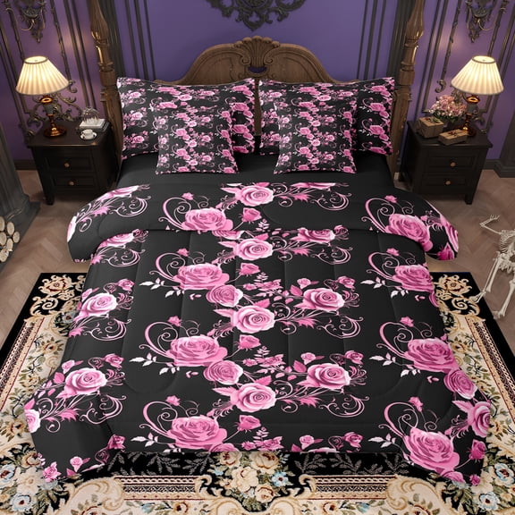 Manfei Romantic Pink Rose 7-Piece Bedding Comforter Set, Western Valentines Day King Bedding Sets, Teens Adult Men Women Reversible Bed Sheets, Microfiber Bedroom Decor