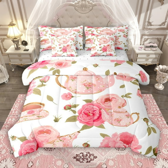 Manfei Romantic Pink Rose 7 Pieces Bedding Comforter Set, Garden Flower Floral Full Bedding Set, Vintage Western French Style Reversible Fitted Sheet Flat Sheet, Luxury Bedroom Decor