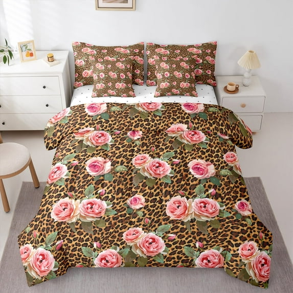 Manfei Romantic Pink Rose Bedding Comforter Set 7-Piece for Female, Leopard Cheetah Print King Bedding Sets, Vintage Fashion Bed Sheets, Luxury Bedroom Decor
