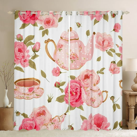 Manfei Romantic Pink Rose Black Out Curtains, Garden Flower Floral Curtains Pack of 2 (42x63 Each), Vintage Western French Style Bedroom Curtains, Window Curtains Bedroom Decor