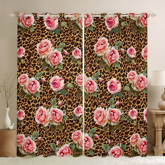 Manfei Romantic Pink Rose Blackout Curtains Set of 2 (52x84 Each) for Female, Leopard Cheetah Print Window Curtains, Vintage Fashion Curtains and Drapes, Window Curtains Bedroom Decor