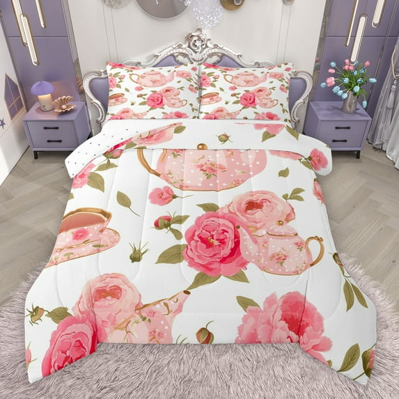 Manfei Romantic Pink Rose Full Size Comforter Sets, Garden Flower Floral Bedding Comforter Set, Vintage Western French Style Reversible Bedding Sets, Luxury Bedroom Decor, 3pcs