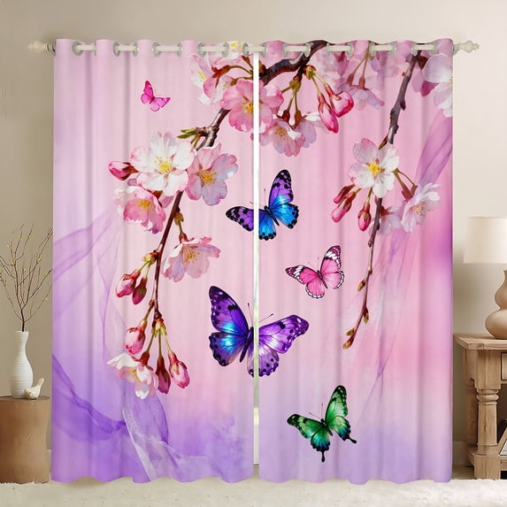 Manfei Romantic Purple Butterfly Black Out Curtains for Girls, Spring Cherry Blossoms Curtains Pack of 2 (42x63 Each), Cute Cartoon Animal Bedroom Curtains, Living Room Curtains Decor