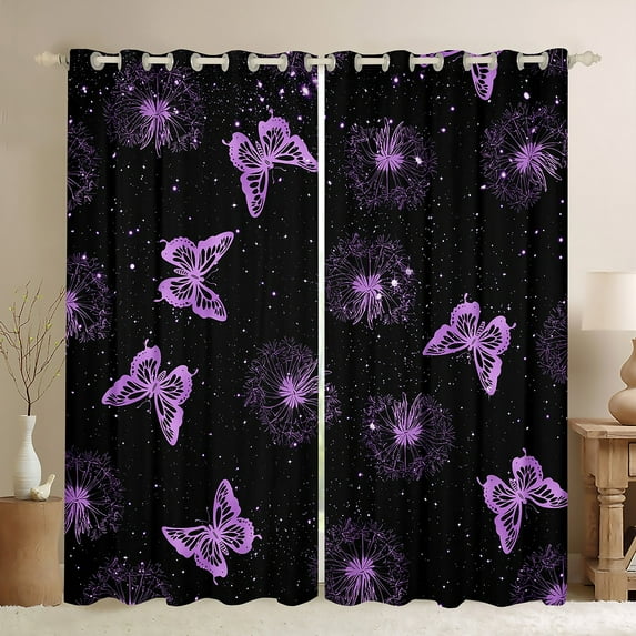 Manfei Romantic Purple Butterfly Blackout Curtains Set of 2 (52x84 Each), Retro Flower Floral Window Curtains, Teen Kid Child Adult Curtains and Drapes, Window Curtains Bedroom Decor