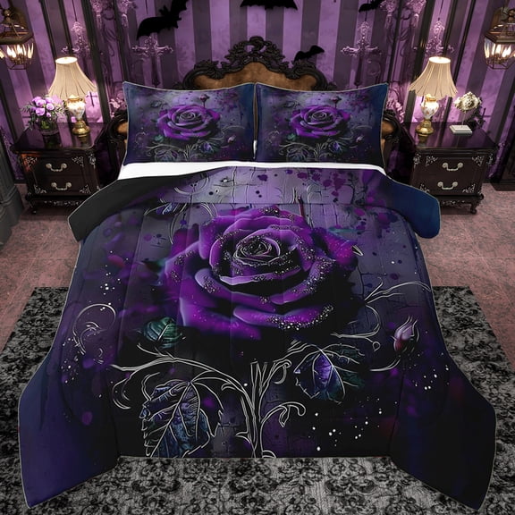 Manfei Romantic Purple Rose Full Size Comforter Sets, Fashion Anniversary Bedding Comforter Set, Floral Flower Reversible Bedding Sets, Ultra Soft Bedroom Decor, 3 Pieces