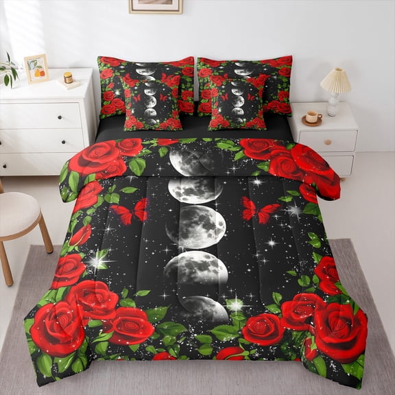 Manfei Romantic Red Rose 7-Piece Twin Bedding Sets,Galaxy Starry Sky Bedding Comforter Set,Moon Print Sheet Sets For Adult,Luxury Bedroom Decor Reversible