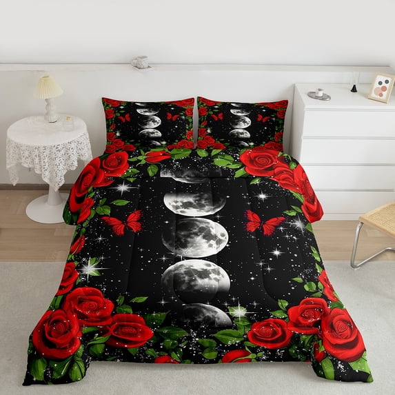 Manfei Romantic Red Rose Bedding Comforter Set,Galaxy Starry Sky Twin Comforter Sets,Moon Print Bedding Set For Adult,Luxury Bedroom Decor Reversible,2-Piece