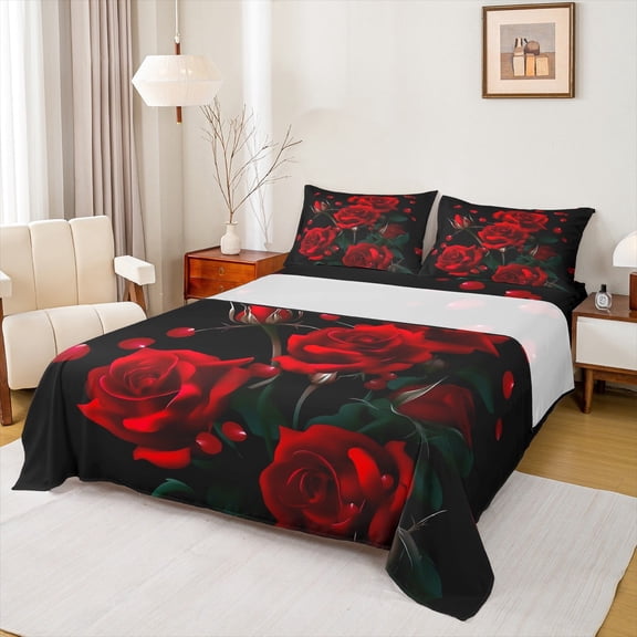 Manfei Romantic Red Rose Twin Sheet Sets, Western Valentines Day Twin Fitted Sheet, Teens Adult Men Women Flat Sheet, Breathable Home Decor, 3-Piece