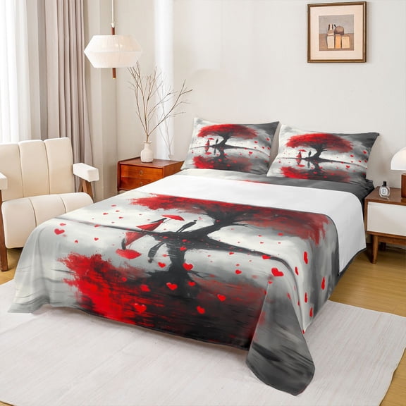 Manfei Romantic Red Tree Boy Girl 4 Pieces Queen Sheet Sets,Happy Valentine's Day Ultra Soft Flat Sheet,Sweet Lover Couple Queen Fitted Sheet,Super Cozy Room Decor