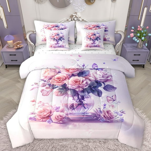 Manfei Romantic Rose Adult Bedding Comforter Set 7pcs, Plum Flower Floral King Bedding Sets, Art Watercolor Reversible Bed Sheets, Breathable Home Decor