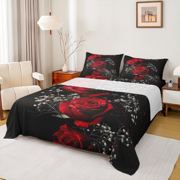 Manfei Romantic Rose Bed Sheets for Lover, Couple Valentines Day King Sheets, Black Red Sheet Set, Luxury Bedroom Decor, 4 Pieces