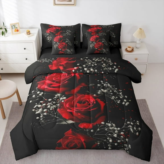 Manfei Romantic Rose Bedding Comforter Set 7-Piece for Lover, Couple Valentines Day King Bedding Sets, Black Red Reversible Bed Sheets, Luxury Bedroom Decor