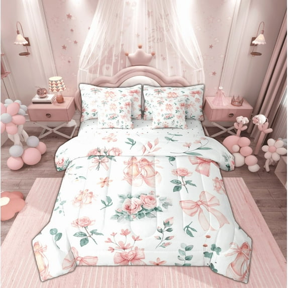 Manfei Romantic Rose Bedding Comforter Set 7 Pieces for Kids, Princess Cute Bowknot Bow Full Bedding Set, Flower Floral Fitted Sheet Flat Sheet, Ultra Soft Home Decor