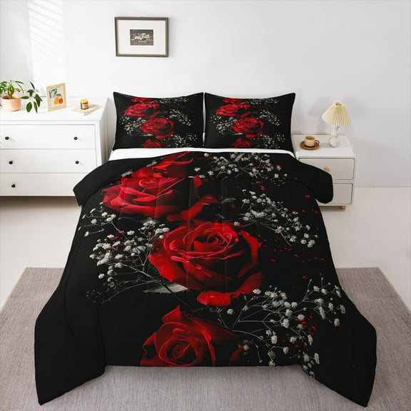 Manfei Romantic Rose Bedding Comforter Set for Lover, Couple Valentines Day Twin Comforter Sets, Black Red Reversible Bedding Set, Luxury Bedroom Decor, 2 Pieces