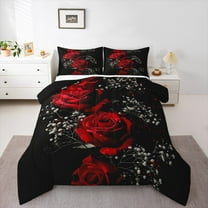 Manfei Romantic Rose Bedding Comforter Set for Lover, Couple Valentines Day Twin Comforter Sets, Black Red Reversible Bedding Set, Luxury Bedroom Decor, 2 Pieces