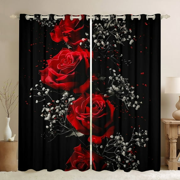 Manfei Romantic Rose Black Out Curtains for Lover, Couple Valentines Day Curtains Pack of 2 (42x63 Each), Black Red Bedroom Curtains, Window Curtains Bedroom Decor