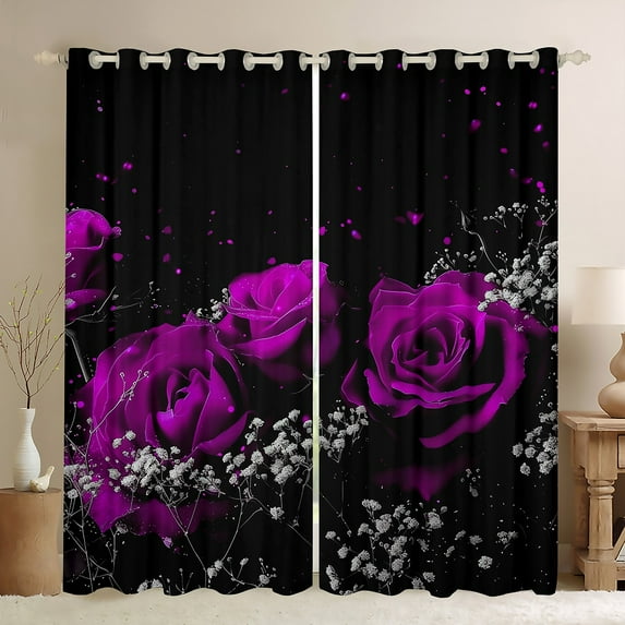 Manfei Romantic Rose Blackout Curtains Set of 2 (52x84 Each) for Lover, Couple Valentines Day Window Curtains, Black Purple Curtains and Drapes, Curtains Blackout Bedroom Decor