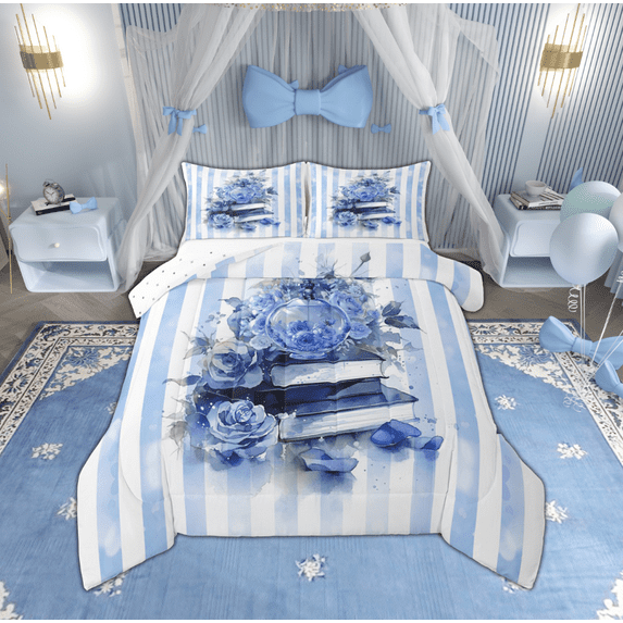 Manfei Romantic Rose Books Full Size Comforter Sets, Fashion Watercolor Bedding Comforter Set, White Blue Stripes Reversible Bedding Sets, Breathable Home Decor, 3 Pieces